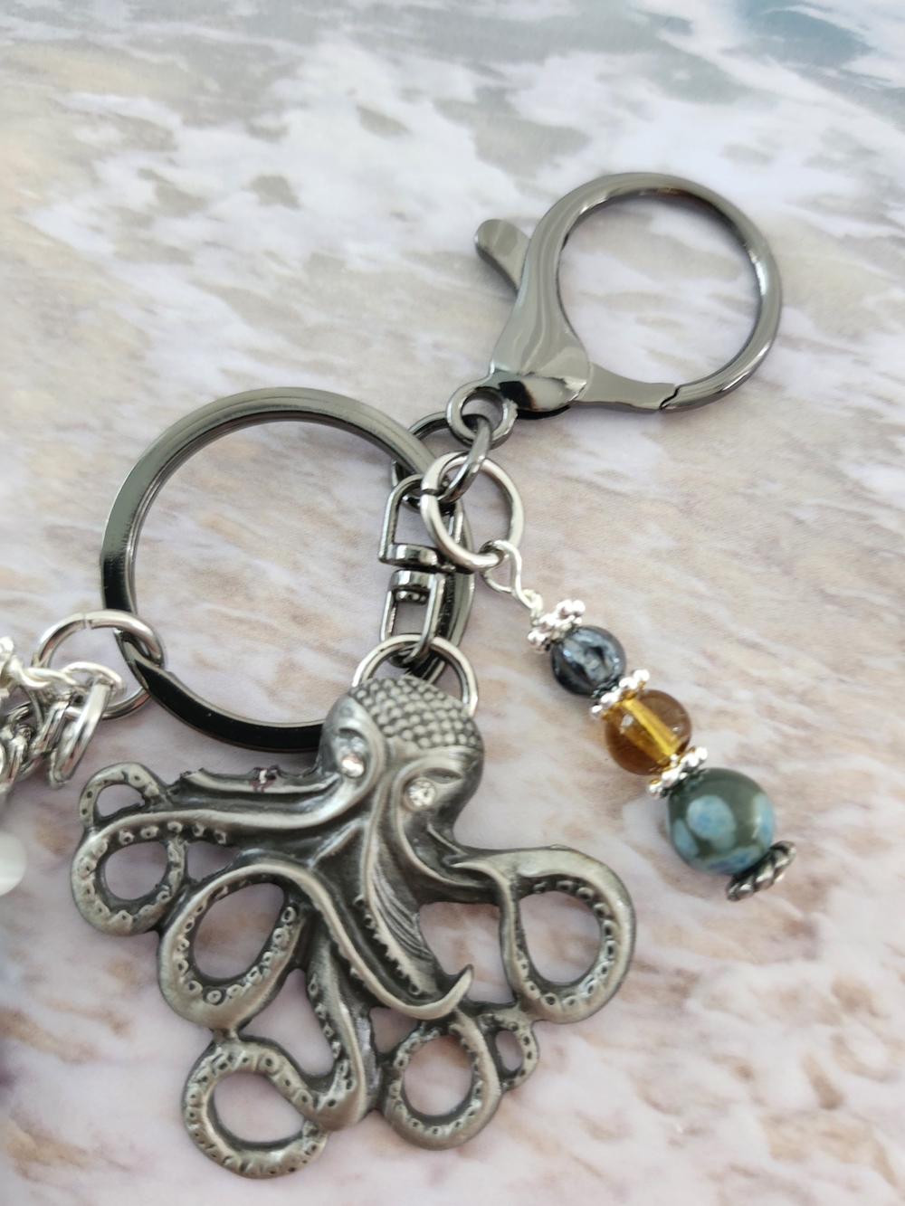Octopus Purse Charm or Keychain Jasper Agate Aquamarine Handcrafted - Picture 2 of 5